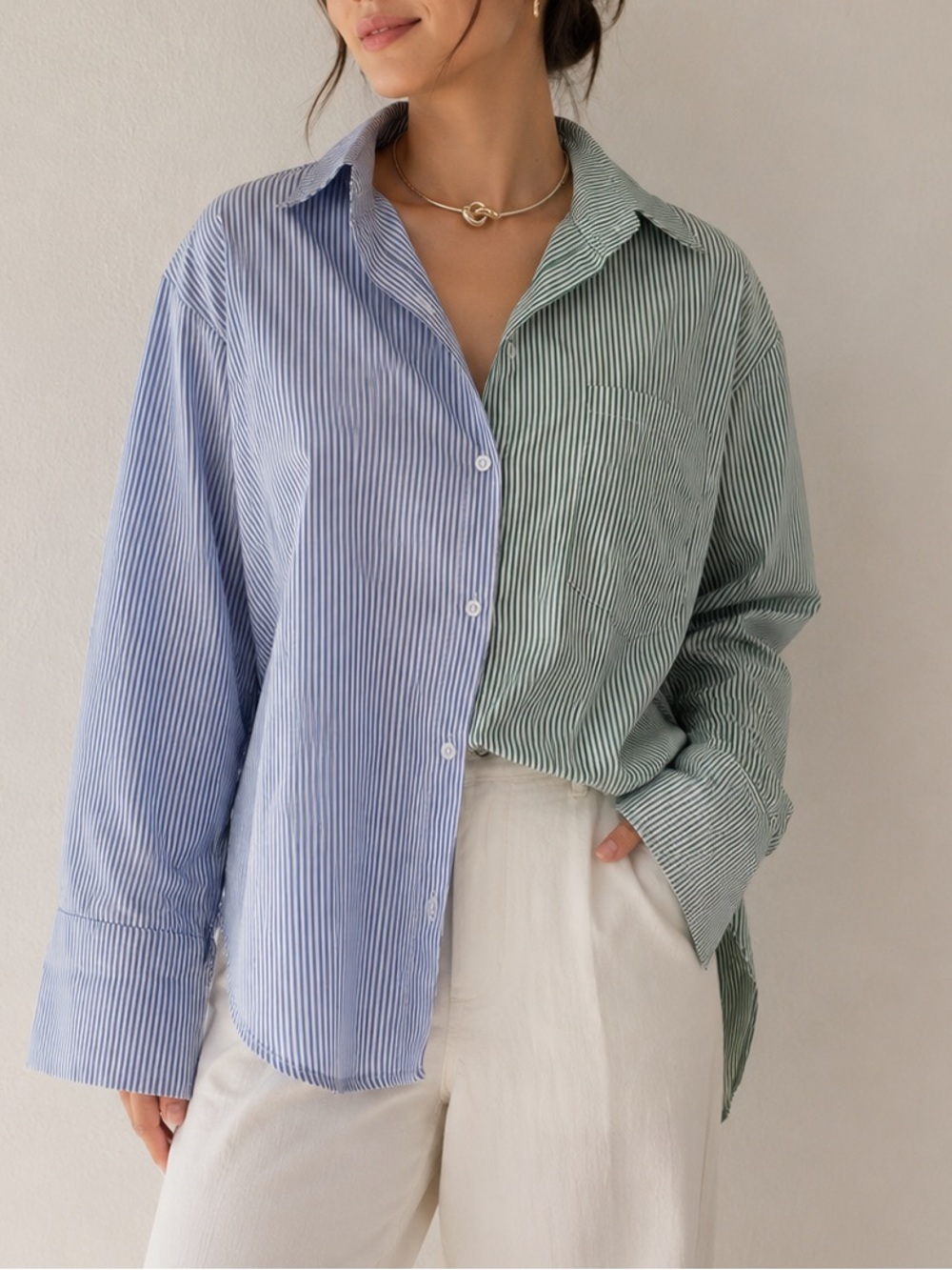 Isalis two tone blue & green oversize stripe button up shirt - Size S/M